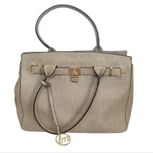 Structured Beige Handbag with LM Gold Charm – Elegant & Versatile